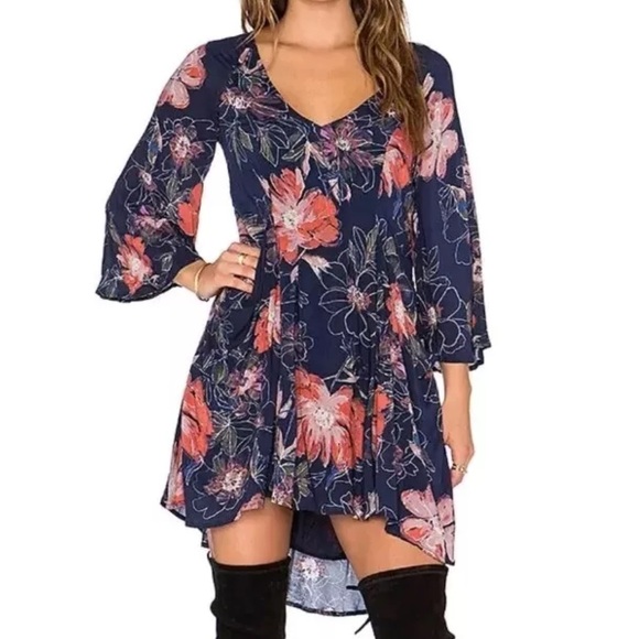 Free People Womens Indie Boho Navy Fairy Floral Trapeze 2 Dress Romantic Grunge - Picture 8 of 17